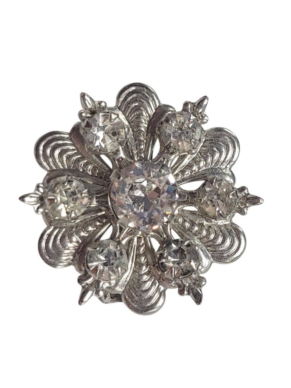 Vintage Rhinestone Silver-Tone Floral Brooch Pin With Intricate Detailing